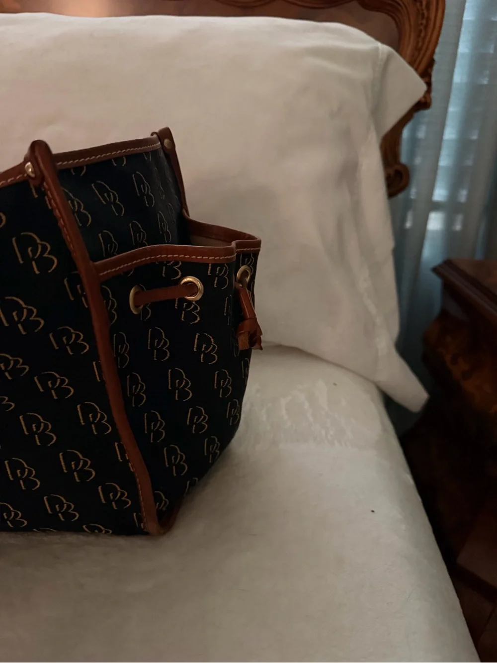 Dooney & Bourke Navy Signature Tote with Brown Leather Trim